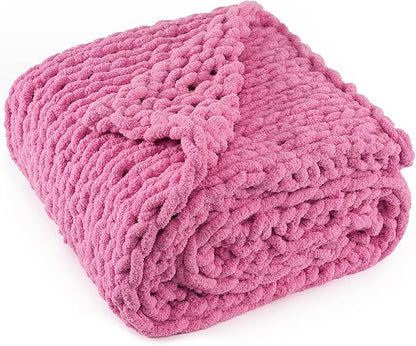 Chunky Knit Throw Blanket 50"X 60", 100% Handmade with Soft Chenille Yarn, 4.4lbs Thick Cable Knitted Blankets, Large Rope Knot Crochet Throws for Couch Sofa Bed Home Decor, Hot Pink