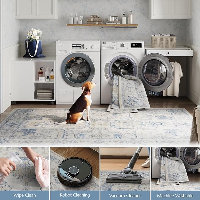 jinchan Hallway Runner Rug 3x10 Machine Washable - Vintage Floral Non-Slip Low-Pile Soft Ultra-Thin Faux Wool Kitchen Rug Distressed Carpet Runner for Farmhouse Bedroom Laundry Room (3x10ft, Blue)