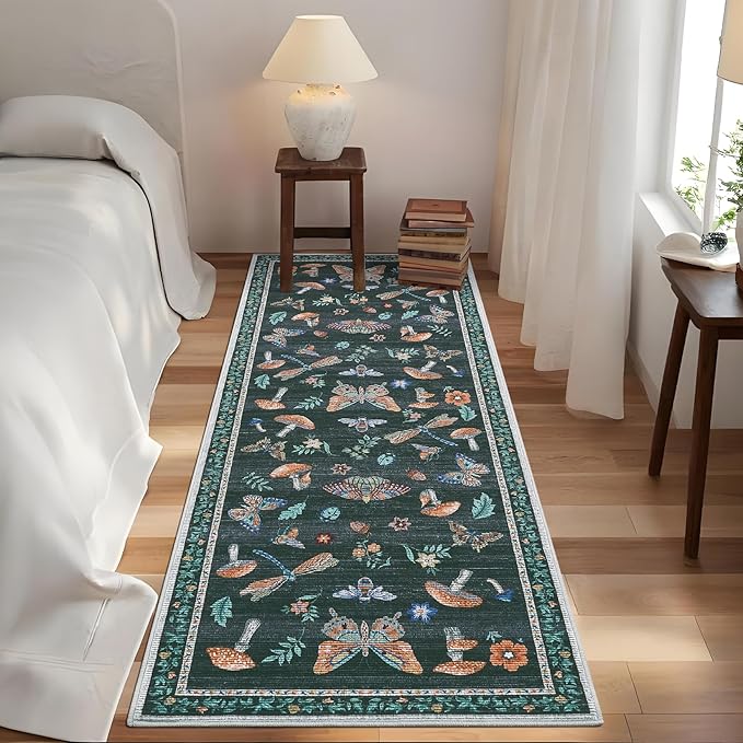 Mushroom Insect Rug 2x6 Runners for Hallways, Boho Kitchen Runner Rugs Non Slip Bath, Modern Washable Rug for Bedroom, Soft Long Rugs for Entryway Bathroom Laundry Dorm, Black