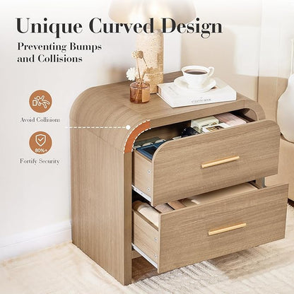 Night Stand [Unique Curved Profile] [FSC-Certified Wooden Board] 2-Drawer Nightstand 24" H Metal Handle Modern Sturdy Bedside Table Side Table End Table