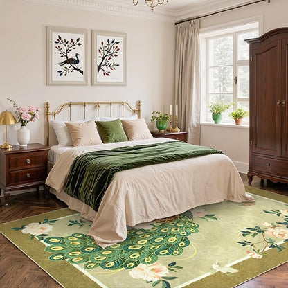 Lahome Peacock Area Rugs 8x10, Soft Washable 8x10 Rugs for Living Room, Floral Non Slip Vintage Ultra-Thin Stain Resistance Large Carpet for Bedroom Office Farmhouse Dining Room, Beige
