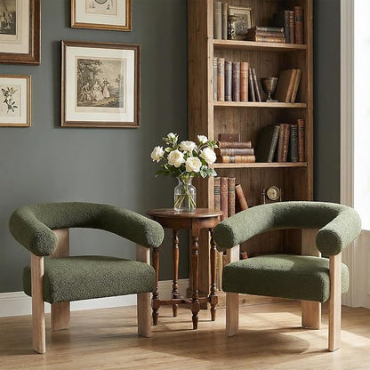 VKNOW Accent Chair Living Room Chairs Set of 2, Modern Upholstered Arm Chair with Solid Wood Legs, Comfy Barrel Accent Chairs for Living Room, Bedroom, Green