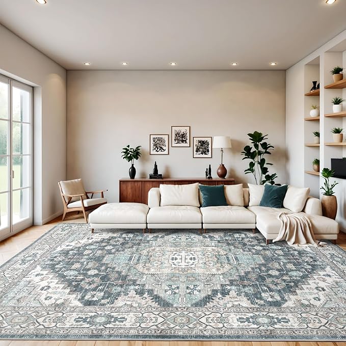9x12 Vintage Washable Area Rug for Living Room,Low Pile Non Slip Carpet Non-Shedding Large Area Rug Soft Indoor Stain Resistant Rug Boho Print Mat for Bedroom Dining Room Blue Beige Multi