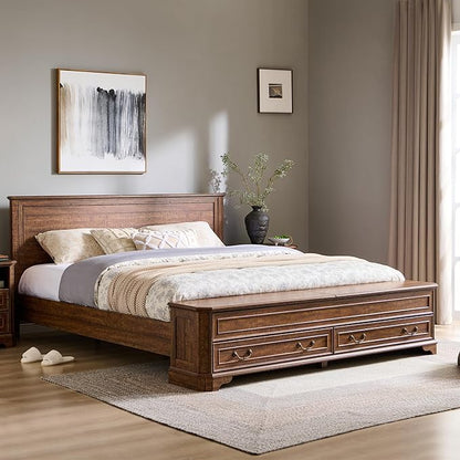 T4TREAM Farmhouse King Bed with Headboard and Storage Bench, Rustic Wood Platform Bed with 80" Storage Chest w/ 4 Large Drawer, Dark Brown