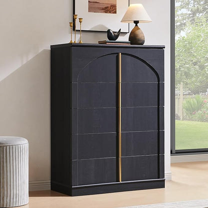ACCOHOHO Modern 5 Drawer Dresser for Bedroom with Arched Panel,44" Tall Dresser for Closet with Metal Handles,Push-to-Open Wood Storage Closet Dressers Tv Stand for Living Room, Hallway,Black