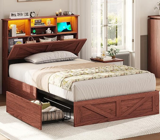 VIAGDO Farmhouse Bed Frame Twin Size with Bookcase Storage Headboard, Charging Station and LED Lights, Wooden Twin Bed Frames with 4 Drawers, Barn Door Design, No Box Spring Needed, Reddish Brown