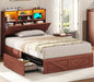 VIAGDO Farmhouse Bed Frame Twin Size with Bookcase Storage Headboard, Charging Station and LED Lights, Wooden Twin Bed Frames with 4 Drawers, Barn Door Design, No Box Spring Needed, Reddish Brown