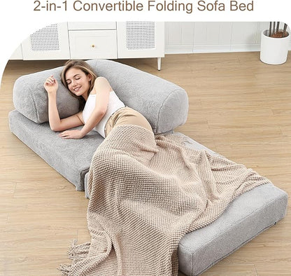 COMAX Folding Sofa Bed Single, Fold Out Chair Bed, Foldable Sofa Chair, Convertible Sleeper Futon for Adults, Floor Couch Mattress for Small Spaces Bedroom Living Room Guest Room, Faux Fur Grey