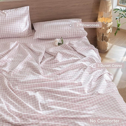 MooMee Gingham Duvet Cover Set 100% Washed Cotton Linen Like Textured Breathable Durable Soft Comfy Modern Checkered Design (Classic Gingham Greyish Pink, King 104"x90")
