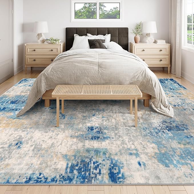 Lahome Modern Abstract 9x12 Area Rugs for Living Room, Washable Living Room Rug for Bedroom Low Pile Non Slip, Soft Indoor Accent Carpet for Dining Room Table Apartment, Blue/Grey
