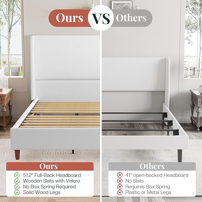 Jocisland King Upholstered Platform Bed Frame with 51.2" Tall Wingback Headboard–Solid Wood Legs, No Box Spring Needed, White Linen–Modern Style for Any Bedroom