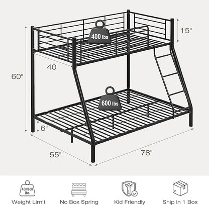VECELO Bunk Bed Twin Over Full, Metal Bunkbeds with Ladder and Full-Length Guardrail, No Box Spring Needed, Space Saving, Noise Free, Matte Black