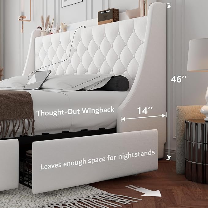 iPormis Queen Bed Frame with 4 Storage Drawers, Upholstered Platform Bed Frame with Type-C & USB Ports, Wingback Storage Headboard, Solid Wood Slats, No Box Spring Needed, White