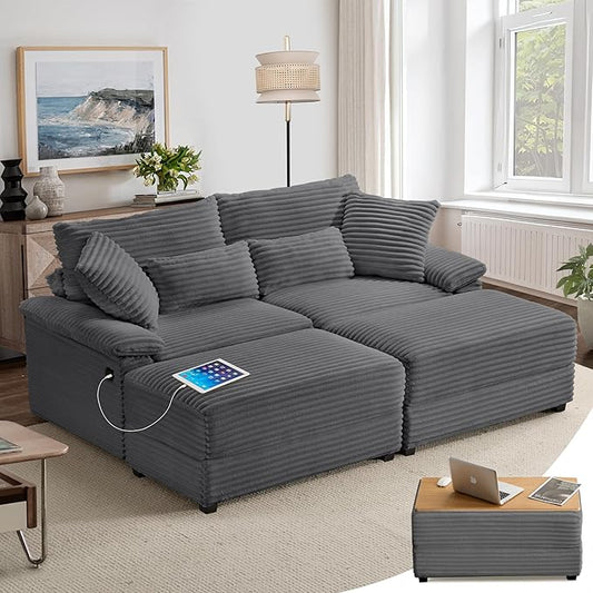 SUNWAVE 74" Double Chaise Lounge Chair Indoor, Oversized Loveseat with Storage Ottoman, Corduroy Couch with USB Charging, Removeable Ottoman, and Coffee Table Cushions for Living Room