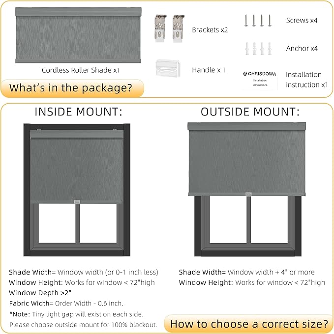 ChrisDowa Cordless Blackout Roller Shades for Windows, Striped Free-Stop Window Blinds with Privacy, Thermal Insulated Window Shades for Home, Office and Door. Grey, 24" W x 72" H
