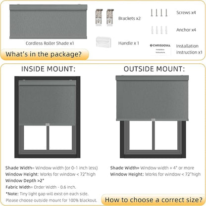 ChrisDowa Cordless Blackout Roller Shades for Windows, Striped Free-Stop Window Blinds with Privacy, Thermal Insulated Window Shades for Home, Office and Door. Grey, 24" W x 72" H