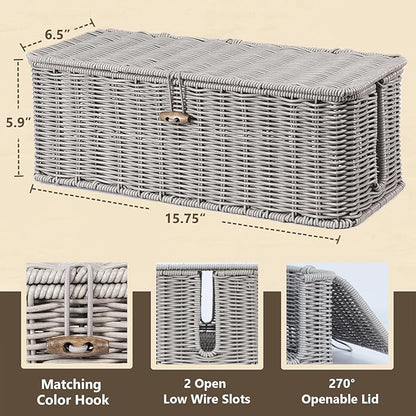 BROWNLILY Cable Management Box, Rattan Style Cord Organizer for Desk Cord Hider Outlet Covers Baby Proofing for Power Strip TV PC Router Charger Under Desk Storage with Lockable Lid and Cable Ties