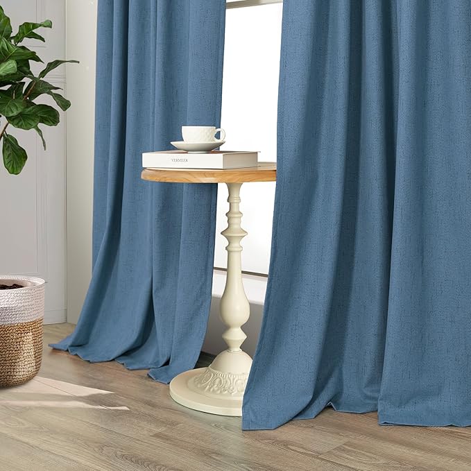 Denim Blue Back Tab Blackout Curtains 108 Inches Long 2 Panel Set Cotton Linen Textured Darkening Drapes Sound Proof Ceiling Curtain for Bedroom Living Room Divider Patio Sliding Glass Door 108 Length