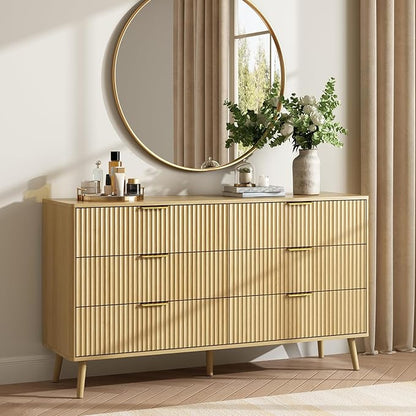 CARPETNAL Fluted 6 Drawer Dresser for Bedroom, 55" Wide Wooden Chest of Drawers with Rounded Corners, Gold Handles, Modern Storage Organizer for Bedroom, Hallway(Oak)
