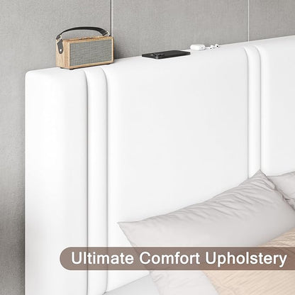 Upholstered Queen Size Bed Frame with Velvet Fabric Headboard, Strong Wooden Slats Support, Noise Free, No Box Spring Needed, White