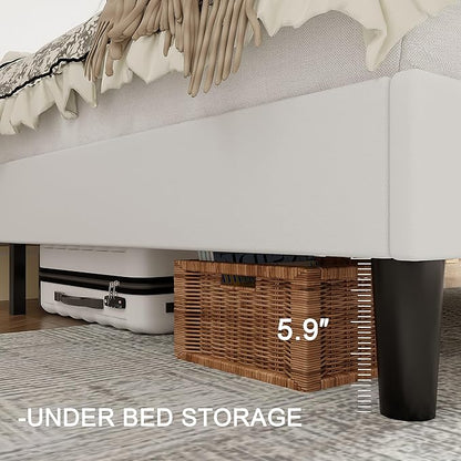 VECELO Full Bed Frame with Upholstered Wingback Headboard, Heavy-Duty Platform Bedframe with Charging Station, Wooden Slats, No Box Spring Needed, White