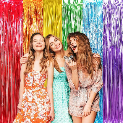 GOER 6.5 ft x 8.2 ft Metallic Tinsel Foil Fringe Curtains,Pack of 2 Party Streamer Backdrop for Birthday,Graduation Decorations and New Year Eve (Rainbow Colors)