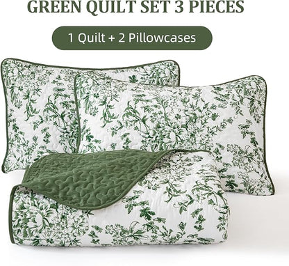 WONGS BEDDING Quilt King Size, Green Quilt Bedding Set with 2 Pillowcases, Botanical Quilt for King Bed, Soft Microfiber Lightweight Coverlet Bedspread for All Season (110"×90", 3 Pieces)