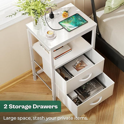 Huuger Nightstand with Charging Station, Side Table with 2 Fabric Drawers, End Table with Open Shelf, Bedside Table with USB-C Port and Outlets, Night Stand, PU Leather, White