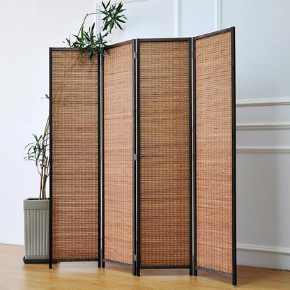 Furnnylane 4 Panel Bamboo Room Divider and Folding Panel Screen,Bamboo Panel Divider for Room Separation,Brown,67" H x 61.4" W