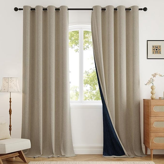 Blackout Curtains for Bedroom 90 inch Length 2 Panels Set, Farmhouse Linen-Look Textured Full Light Blocking Room Darkening Thermal Insulated Drapes for Living Room (W52xL90, Natural)