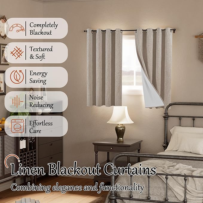 Linen Blackout Curtains 54 Inch Length 2 Panels for Bedroom, Thermal Insulated Total Light Blocking Noise Reducing Window Curtains for Farmhouse, Bronze Grommet, Beige, Each 52" Wide