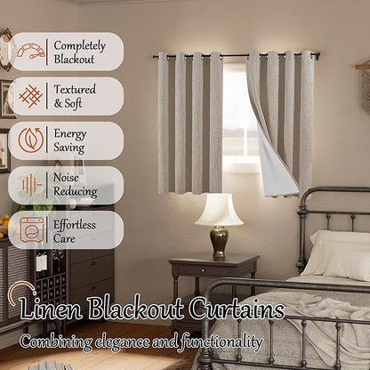 Linen Blackout Curtains 54 Inch Length 2 Panels for Bedroom, Thermal Insulated Total Light Blocking Noise Reducing Window Curtains for Farmhouse, Bronze Grommet, Beige, Each 52" Wide