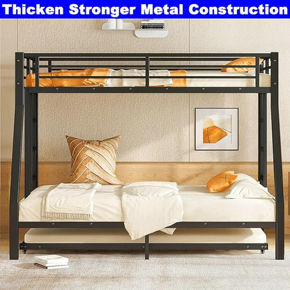 Upgraded Version Thicken Stronger Metal Heavy-Duty Twin Over Full Bunk Bed with Twin Size Trundle, Bunk Bed for Adults with Ladders, Easy Assemble (Twin/Full)