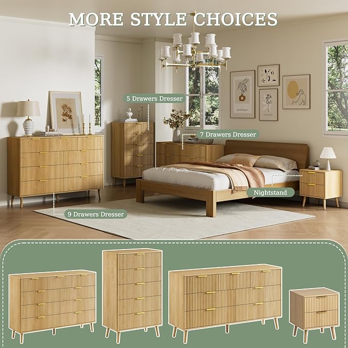 LYNSOM Fluted 5 Drawers Dresser, 45" Tall Modern Chest of Drawers with Curved Profile Design and Metal Handle, Wood Drawer Organizer for Bedroom, Living Room, Hallway, Entryway, Oak