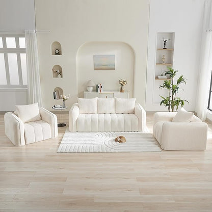 Corduroy Boneless Living Room Sets, Modern Upholstered 3 Seater Sofa with 2 Signle Accent Chairs, Comfy Deep Seat Cloud Sofa Couch Sets for Living Room, White