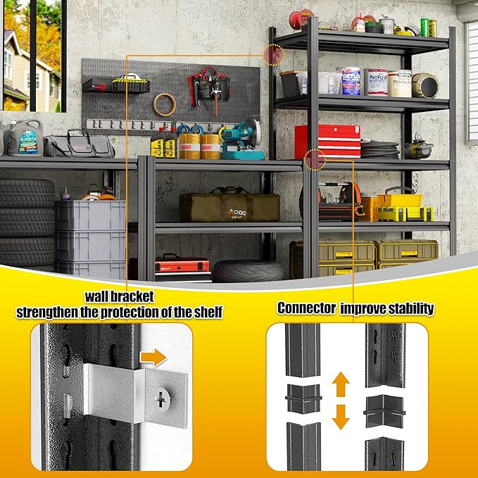 Storage Shelves, Garage Metal Shelving Unit, Adjustable, Double-Layer Column with Reinforced Ribs, Heavy-Duty, Capable of Bearing 600-3600 lbs (Black, 24 * 14 * 54, 4-Tier)