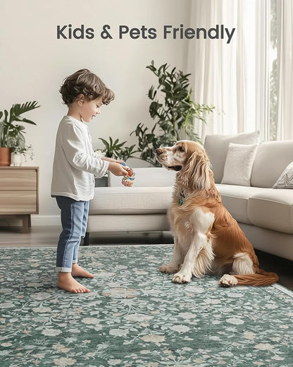 AMADA HOMEFURNISHING 8x10 Area Rugs, Washable Low-Profile Large Living Room Rug with Non-Slip Backing & Durable Edge Binding, Soft Vintage Rug for Bedroom, Dinning Room, Home Office