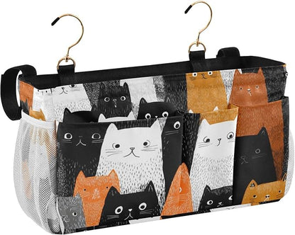 Bedside Caddy Hanging Bunk Bed Caddy Bed Organizer Hanging Pocket with 2 Hooks Bedside Storage Organizer Pocket Bag Holder Black and White Orange Cat