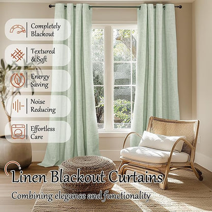 Sage Green Blackout Curtains for Bedroom - Linen Curtains 90 Inch Length Thermal Insulated Privacy Burlap Boho Window Drapes for Living Room Scandi Farmhouse Dining, 2 Panels, Each 52" Wide