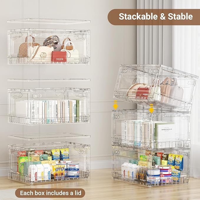 BROVIEW 400Qt Stackable Storage Bins with Lids Wheels, XL Clear Plastic Drawers Foldable Closet Organizers and Storage Cabinet Display Box Shelves with Front & Back Doors, for Home Office Garage,5Pack