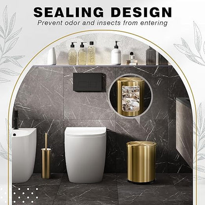 Maxdot 2 Pcs Gold Bathroom Trash Can with Flipping Lid 4 Gallon/15 L and Toilet Brush Set, Large Brushed Stainless Steel Garbage Trash Can Toilet Cleaner Brush Bin for Bathroom Bedroom Office