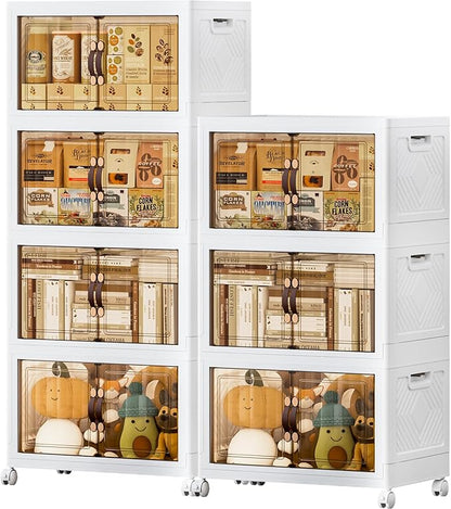 JEKO&JEKO 570Qt Stackable Storage Bins with Lids and Wheels, Foldable Collapsible Plastic Boxes for Clothes, Home, White, 7Pack