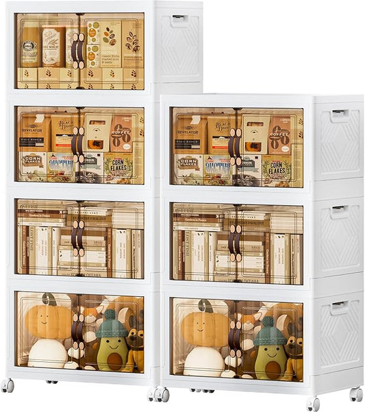 JEKO&JEKO 570Qt Stackable Storage Bins with Lids and Wheels, Foldable Collapsible Plastic Boxes for Clothes, Home, White, 7Pack