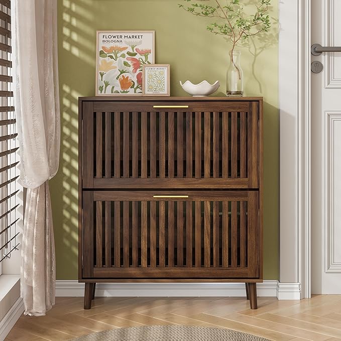 Vibe & Dine Shoe Cabinet with 2 Flip Drawers, Narrow Shoe Rack with Gold Handles, Free Standing Shoe Storage Cabinet for Entryway Slim, Wood Shoe Organizer Cabinet for Hallway, Bedroom, Walnut