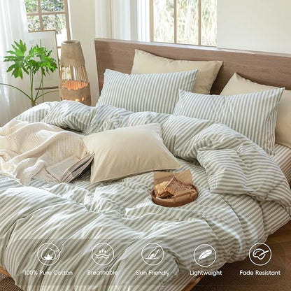 MooMee Striped Duvet Cover Set 100% Washed Cotton Linen Like Textured Breathable Durable Soft Comfy (Sage Green White Classic Stripes, Full 80"x90")