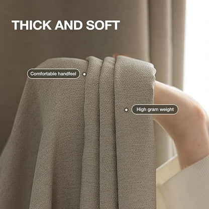 100% Blackout Curtains for Bedroom, Thermal Insulated Curtains 63 Inch Length Curtain 2 Panels, Soft Farmhouse Linen-Look Textured Full Light Blocking Room Darkening Drapes, W52xL63, Taupe