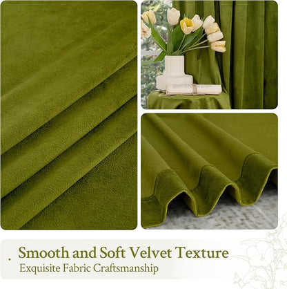 LAMIT Moss Green Velvet Curtains 108 Inch for Living Room, Vintage Thermal Insulated Blackout Panels Super Soft Back Tab and Rod Pocket Window Drapes for Bedroom, 2 Panels, 52 x 108 Inch
