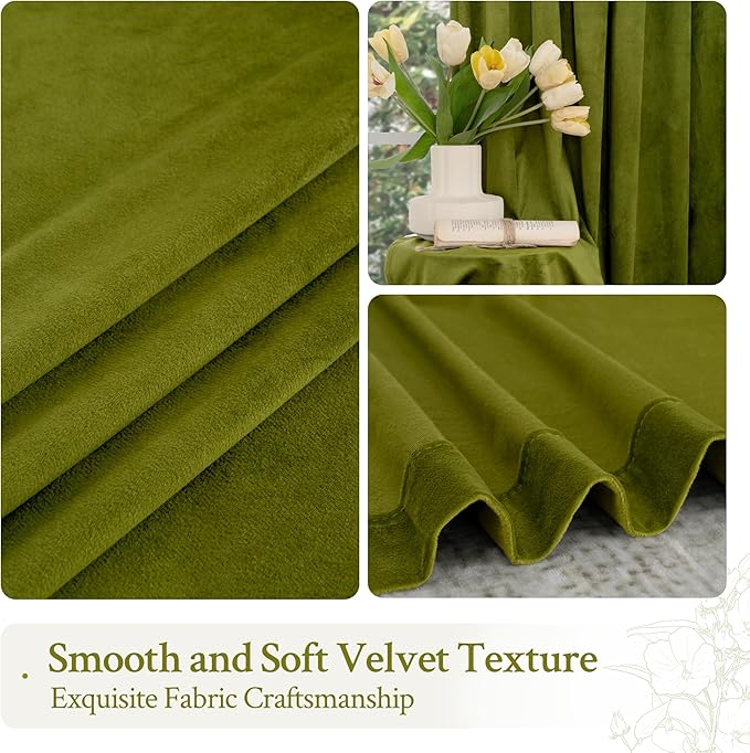 LAMIT Moss Green Velvet Curtains for Living Room 102 Inch Length, Vintage Thermal Insulated Room Darkening Drapes Super Soft Back Tab and Rod Pocket Panels for Bedroom, 2 Panels, 52 x 102 Inch