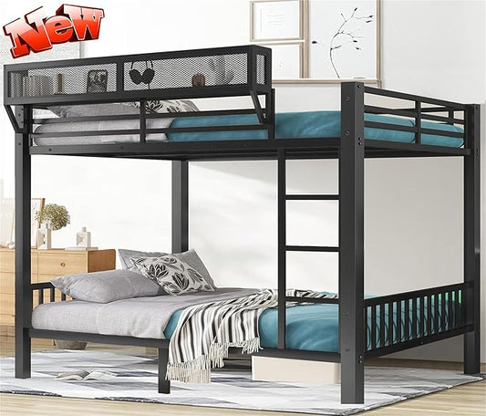 Upgraded Version Thicken Metal Heavy-Duty Queen Over Queen Bunk Bed with Storage Shelf, Best Modern Style Stronger Queen Size Bunk Bed with Ladder for Adults, Easy Assembly (Queen+Storage Shelf)