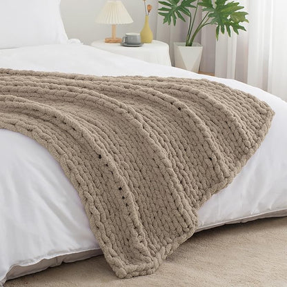 Chunky Knit Throw Blanket 60"X 80", 100% Handmade with Soft Chenille Yarn, 6.7lbs Thick Cable Knitted Blankets, Large Rope Knot Crochet Throws for Couch Sofa Bed Home Decor, Taupe